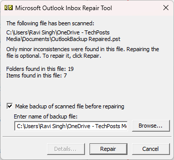 If the tool displays errors, click the 'Make backup of scanned file before repairing' option and then click 'Repair.'